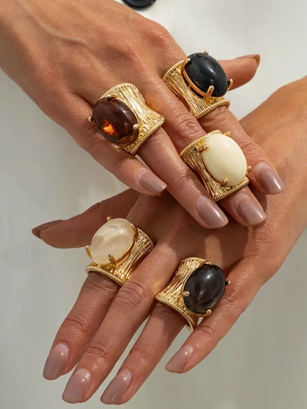 Gold Wide-Band Ring with Cream Stone Cabochon